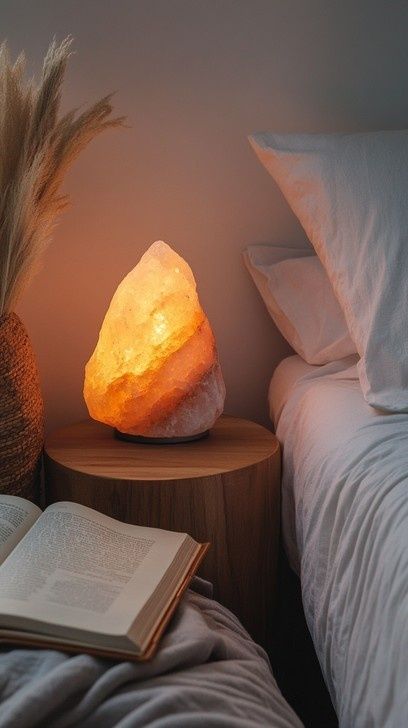 Öppen bok på sängen bredvid en varm, glödande lampa
